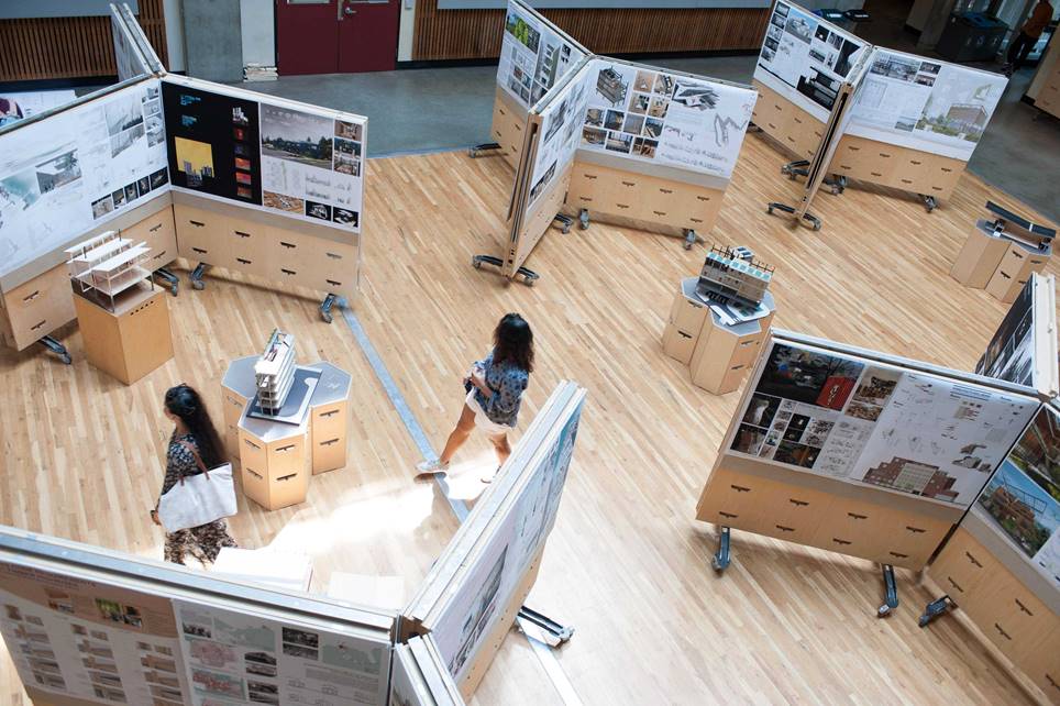 overhead view of Gould Court with posters and models