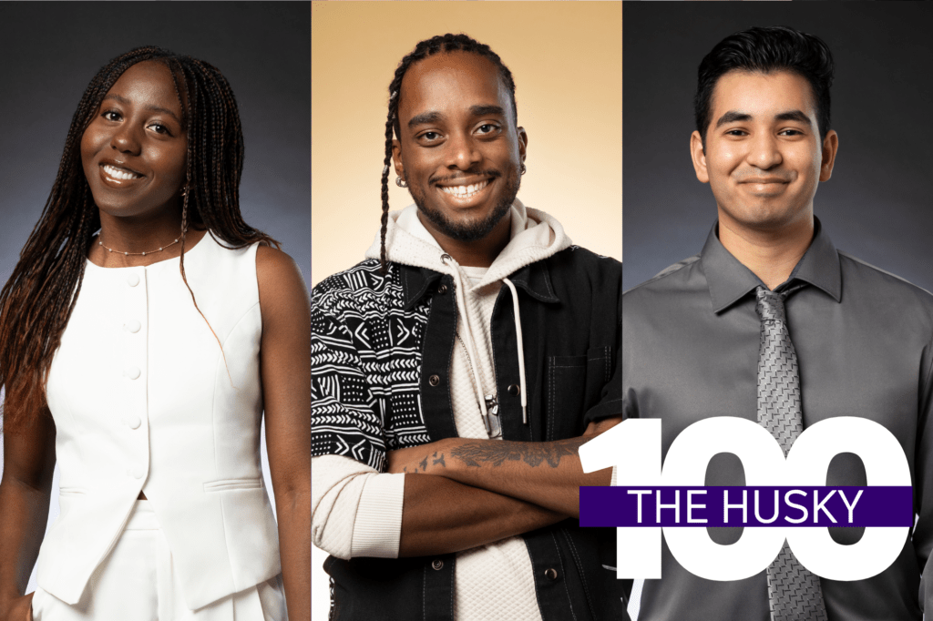 Three students in a collage layout with “The Husky 100” graphic overlay.