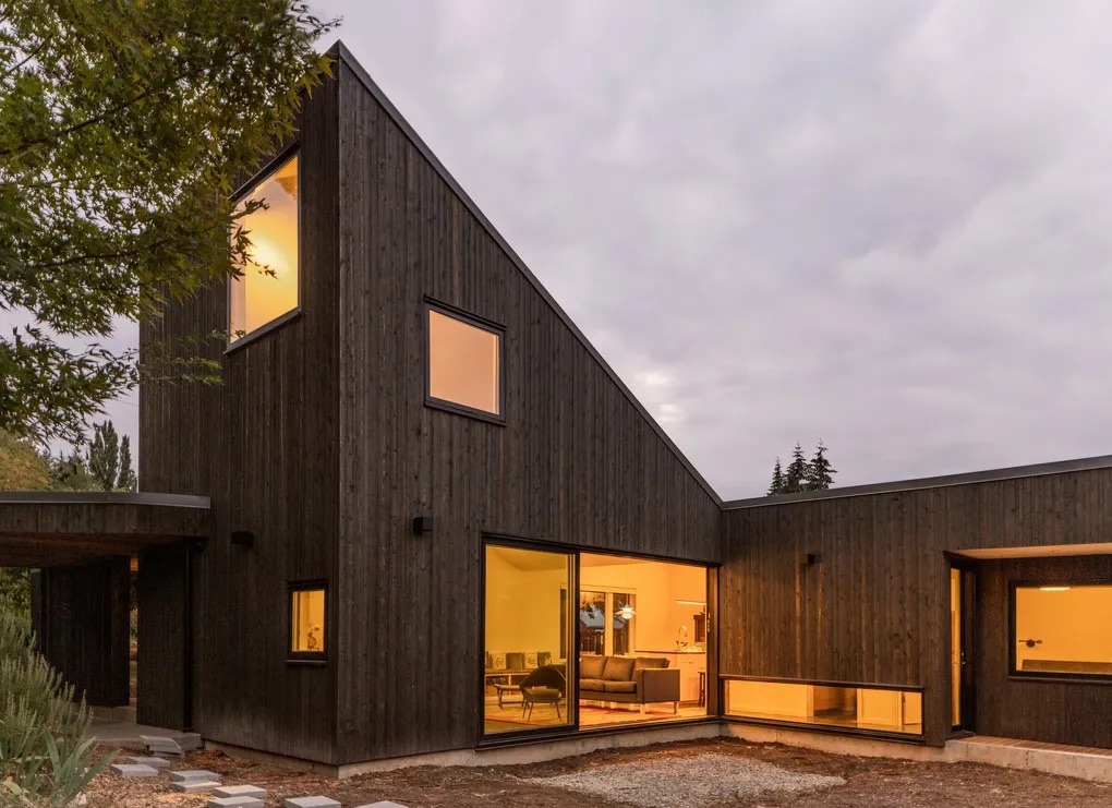 Building with dark wood paneling