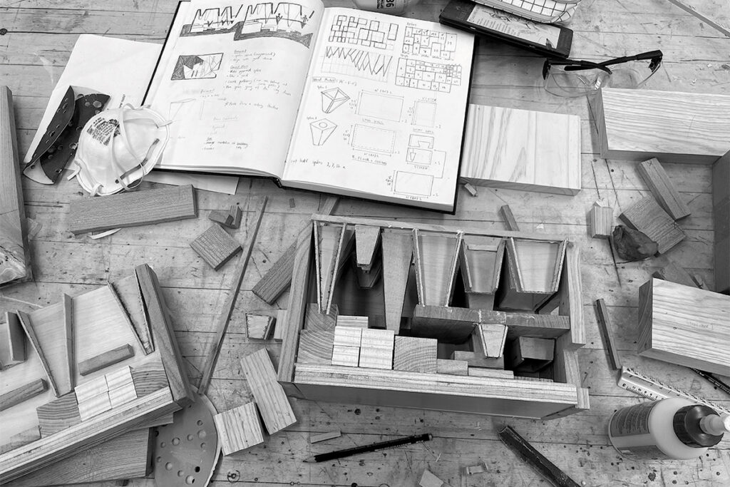 Workshop Table with in-Progress Model and Sketches