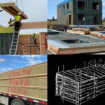 Construction documentation of the Moving House project, a 2026 Housing Education Prize winner from University of Washington, showing timber framing installation, on-site building progress, salvaged timber beams, and traditional joinery details across four construction phases.
